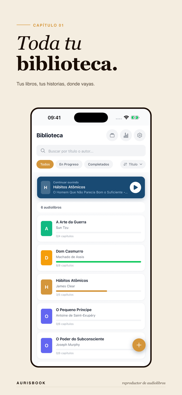 App AurisBook mostrando la biblioteca de audiolibros