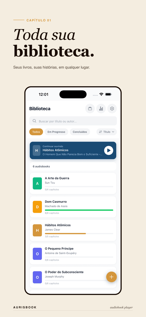 App AurisBook mostrando a biblioteca de audiobooks